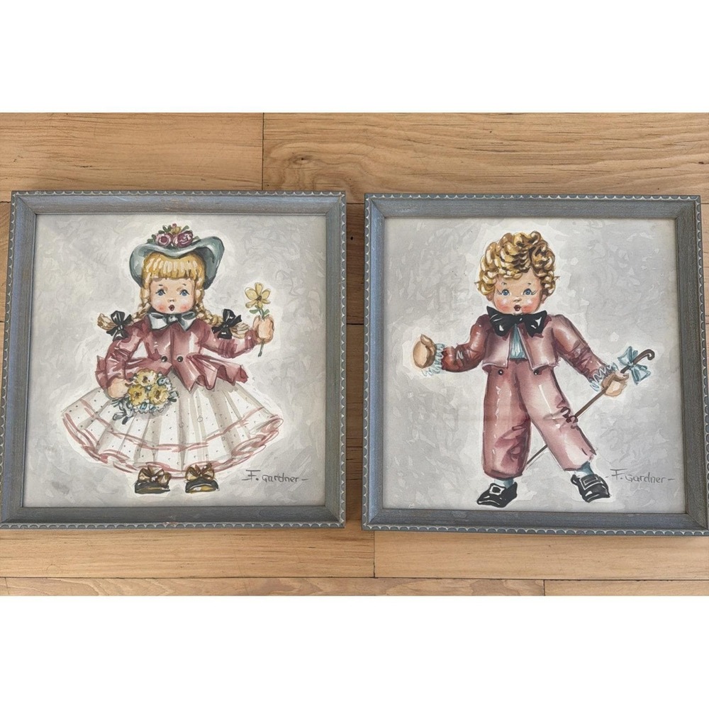 Vintage Mid‎ Century Child Watercolor Paintings Signed F. Gardener Matched Pair